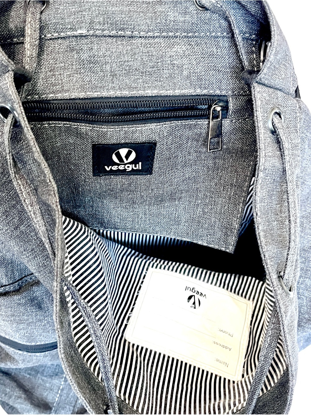 Veegul Charcoal Gray Canvas Vintage Rucksack Laptop Backpack Striped Lining - Picture 7 of 8